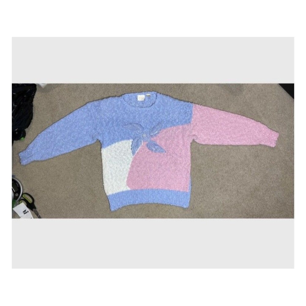 VTG 80s Needles & Yarn Pastel Colorblock Floral Applique Sweater Medium